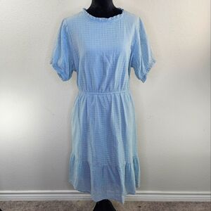 Sweet Salt Blur Gingham Check Puff Sleeve Ruffle Neckline Midi Dress